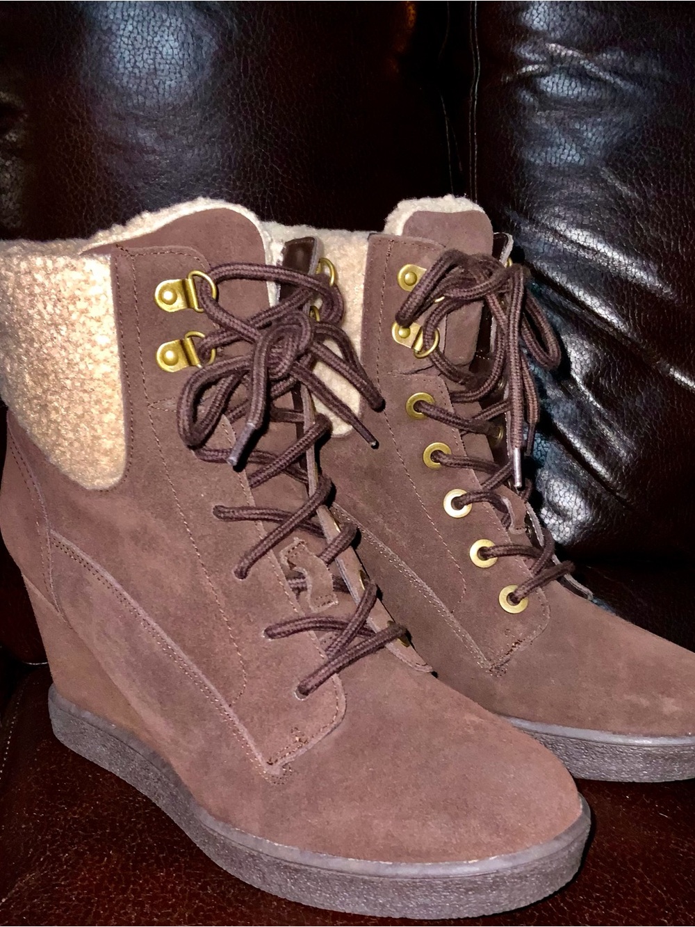 Women's Brown Suede Lace-Up Wedge Boots with Shearling Collar